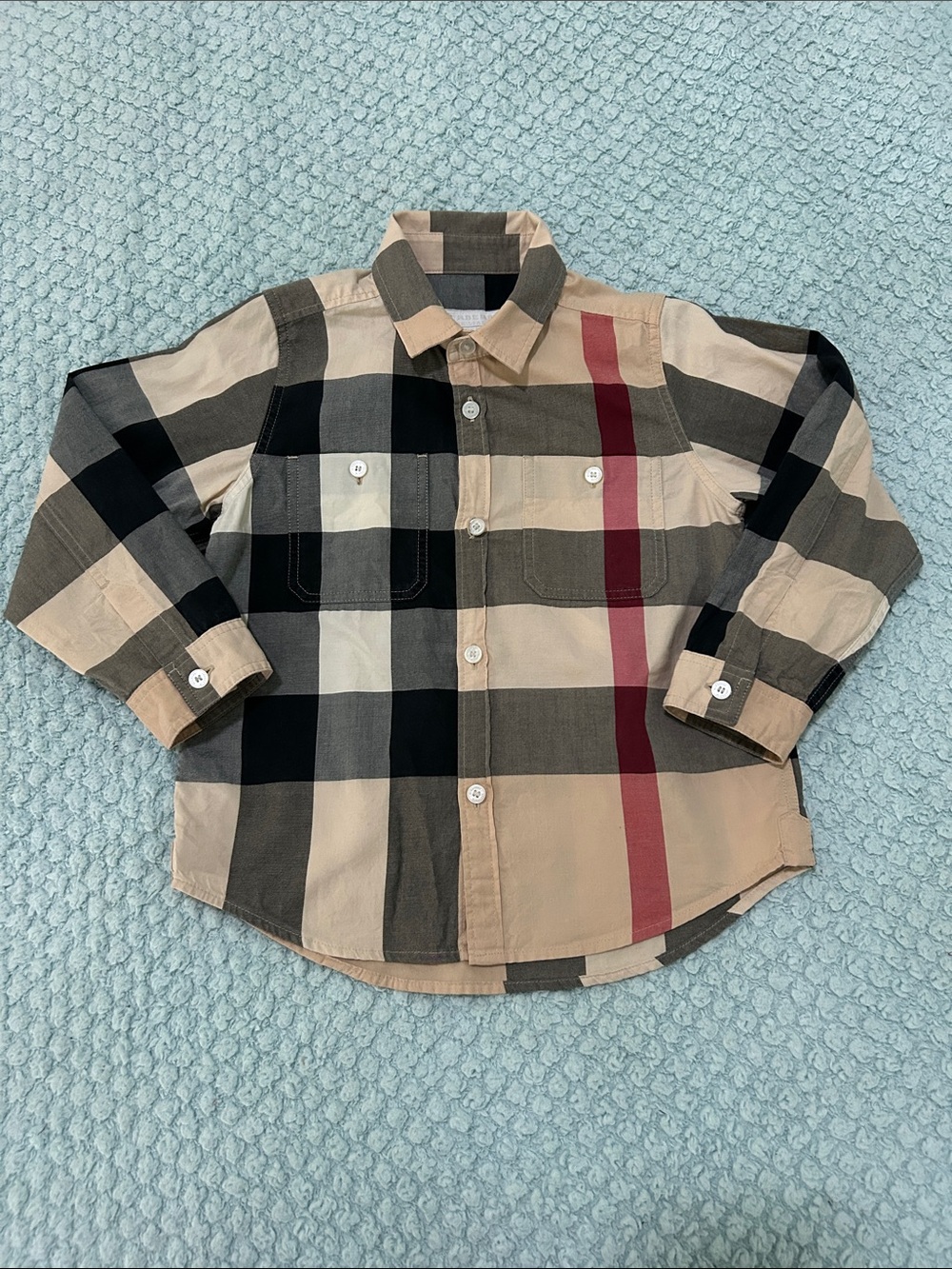 Burberry Beige Plaid Button-Down Shirt with Red Stripe